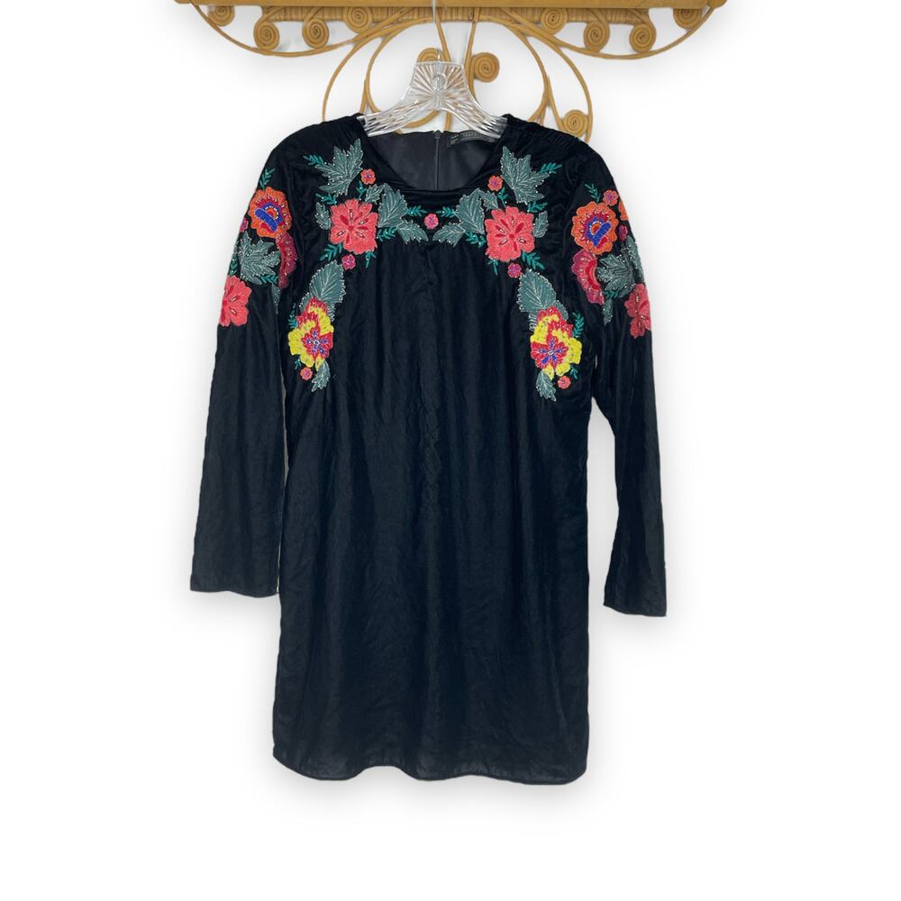 Zara Velvet Floral Embroidered Dress black S